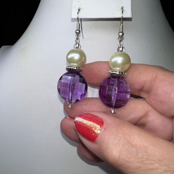Faux Pearl and Purple Crystal Dangle Earrings - Picture 3 of 5